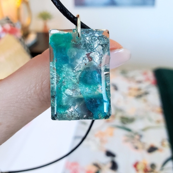 Fluorite Gemstone & Silver Leaf in Resin Necklace - Picture 2 of 8